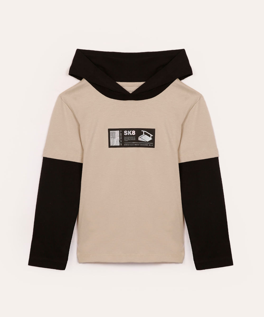 camiseta de algodão infantil com capuz manga longa bege