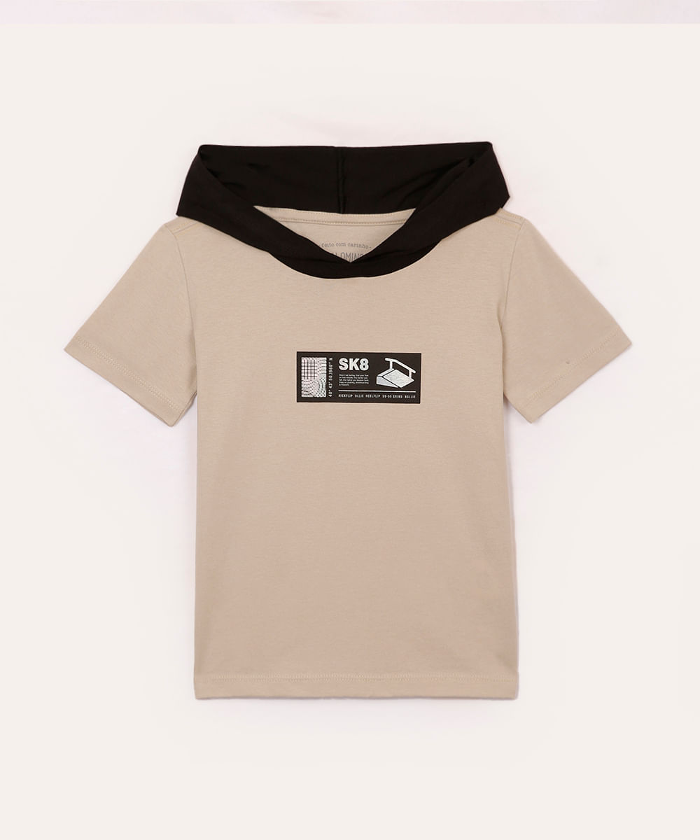 camiseta de algodão infantil com capuz bege