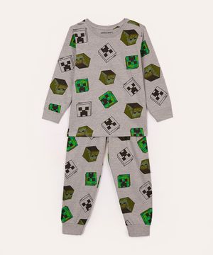 pijama infantil longo minecraft cinza
