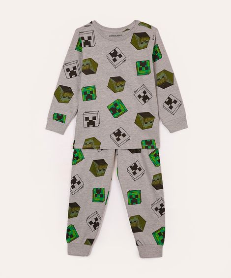 pijama infantil longo minecraft cinza