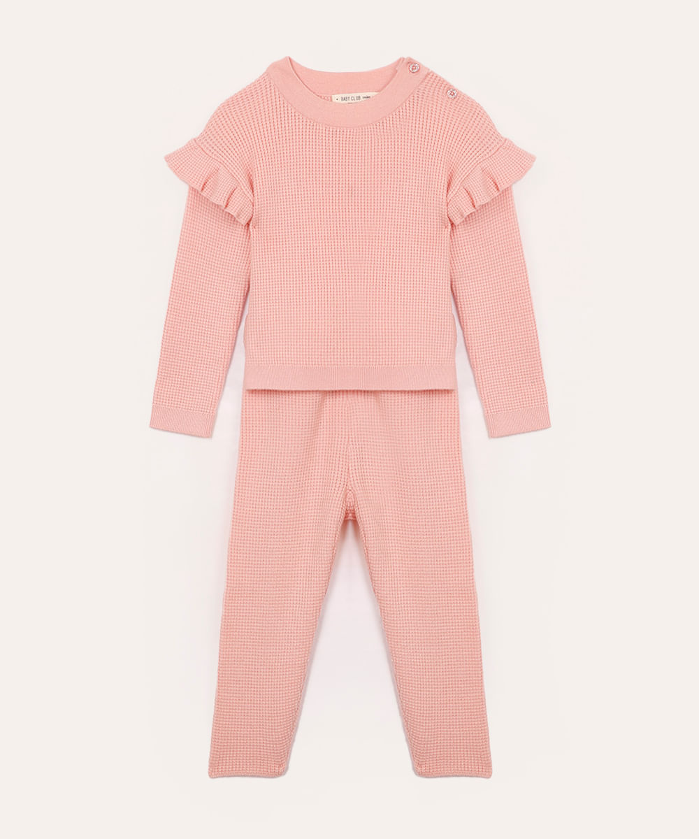 conjunto longo de tricot infantil rosa