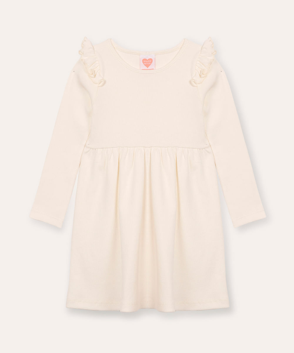 vestido infantil manga longa babado off white