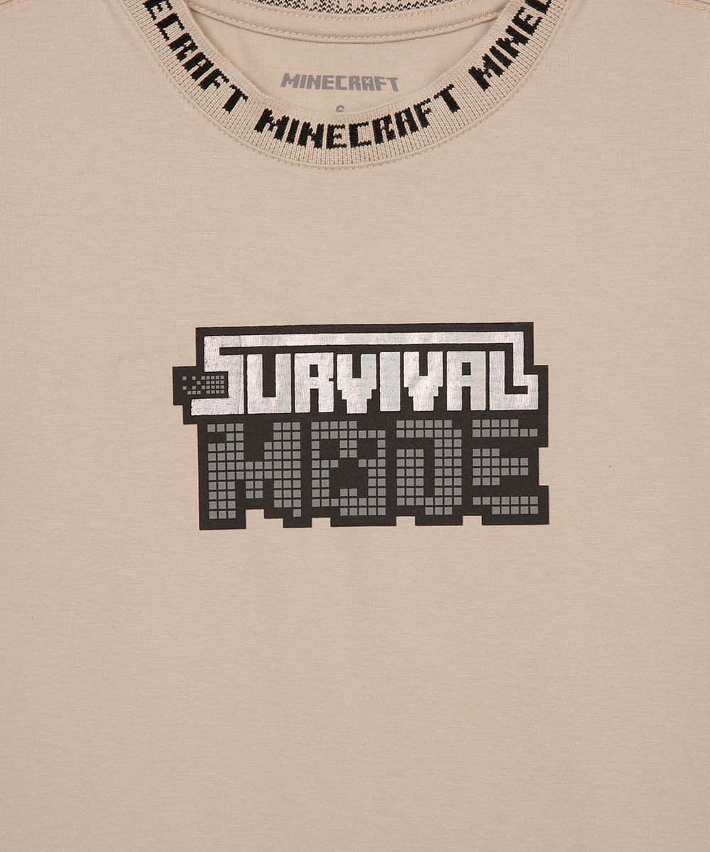 camiseta de algodão infantil minecraft manga curta bege