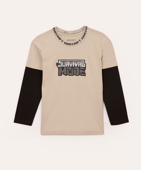 camiseta de algodão infantil minecraft manga longa bege