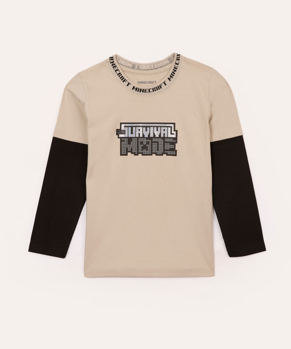 camiseta de algodão infantil minecraft manga longa bege