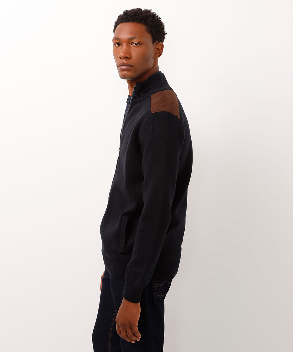 jaqueta de tricot com zíper azul marinho