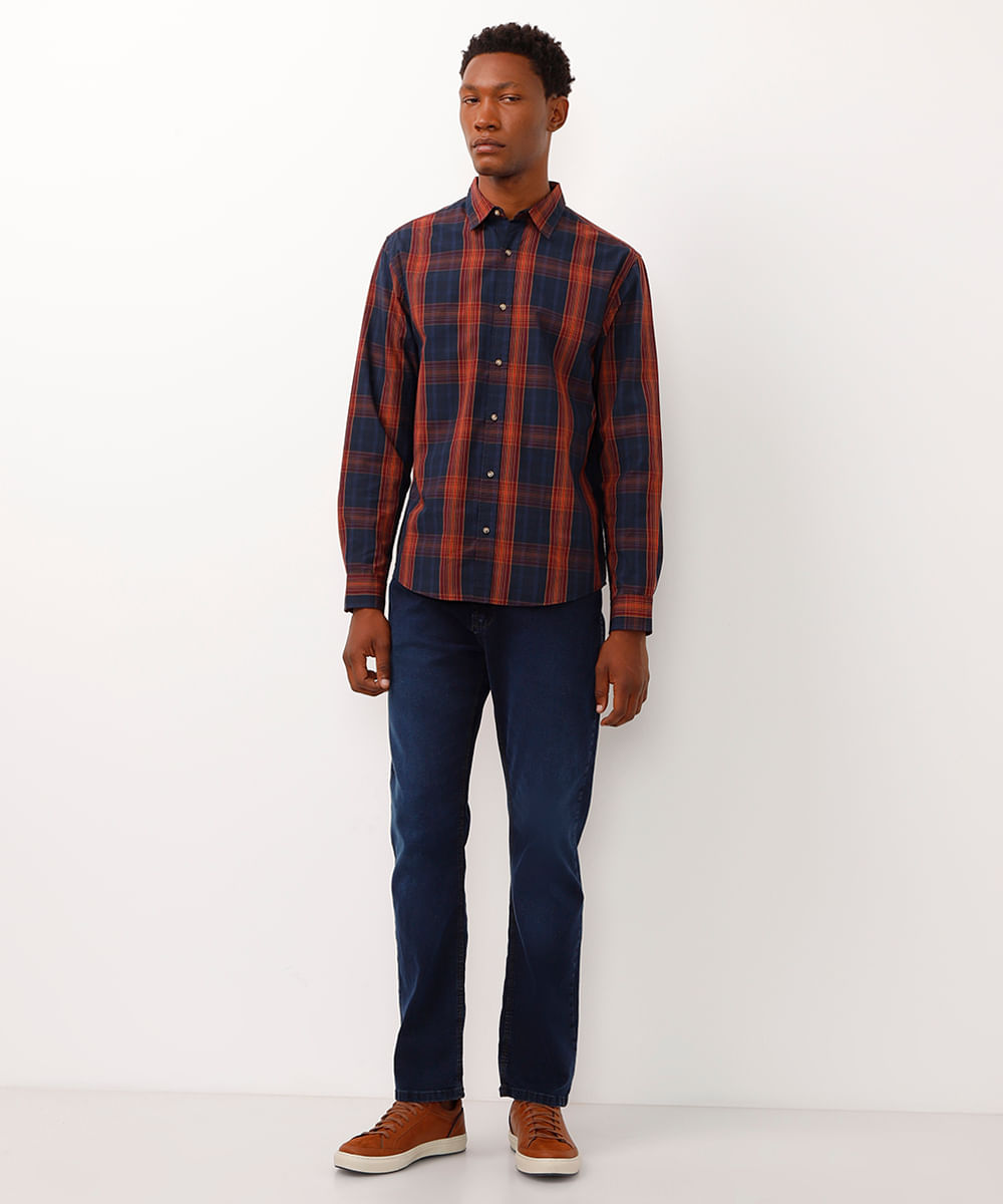 camisa xadrez manga longa azul marinho