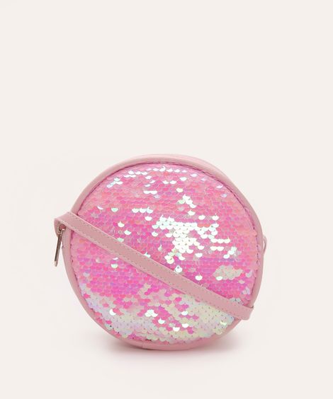 bolsa infantil redonda de paetê rosa