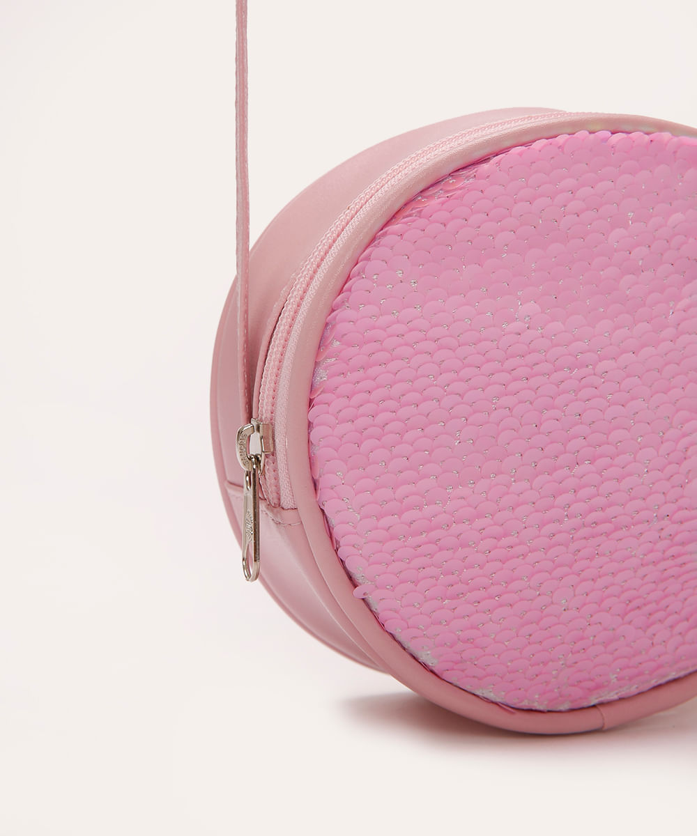 bolsa infantil redonda de paetê rosa