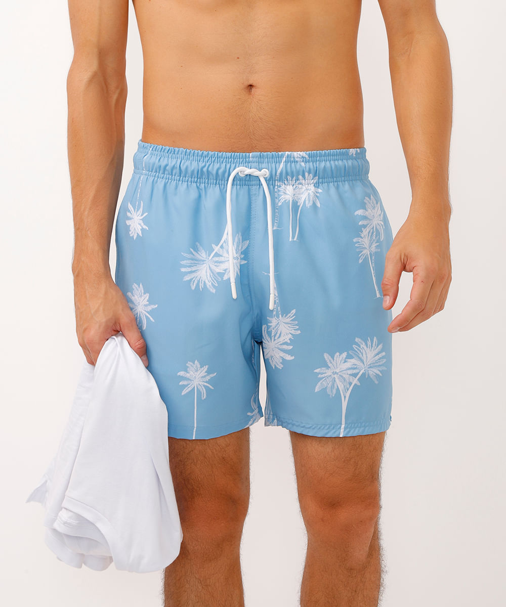 bermuda boardshort cós com elástico coqueiros azul