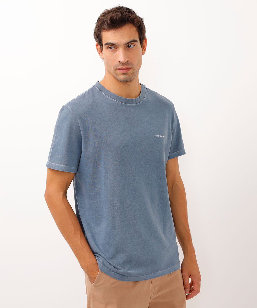 camiseta de algodão manga curta verão sem fim azul