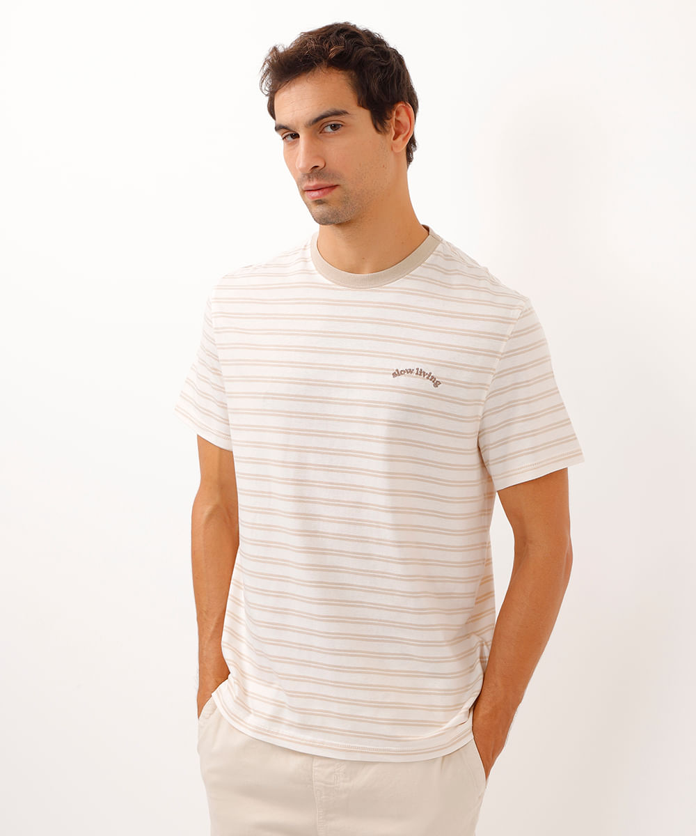 camiseta de algodão manga curta listrada off white
