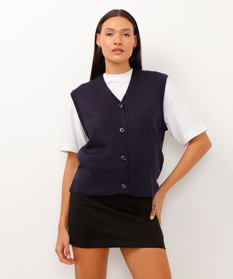 colete de tricot com botões azul marinho