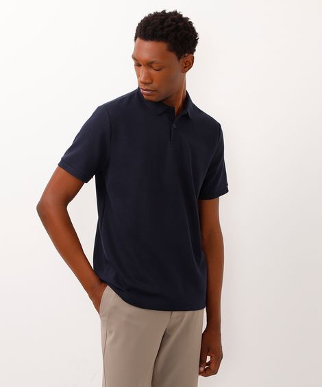 polo de algodão texturizada azul marinho
