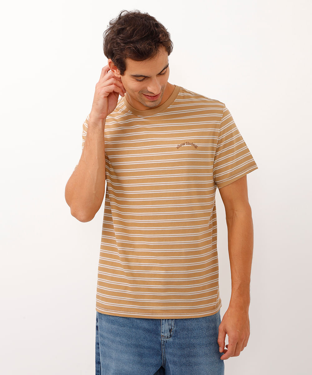 camiseta de algodão manga curta listrada bege
