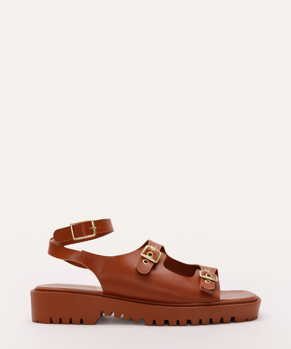 sandália flatform com fivelas e ilhós oneself marrom