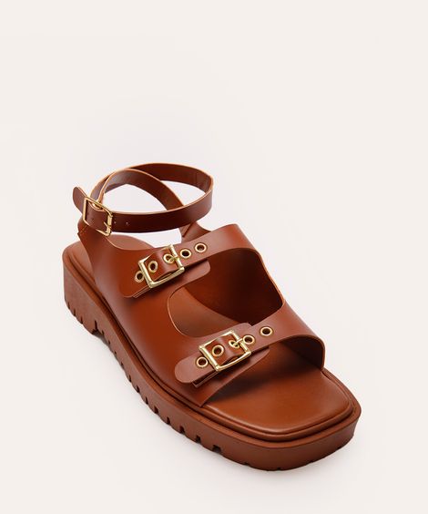 sandália flatform com fivelas e ilhós oneself marrom