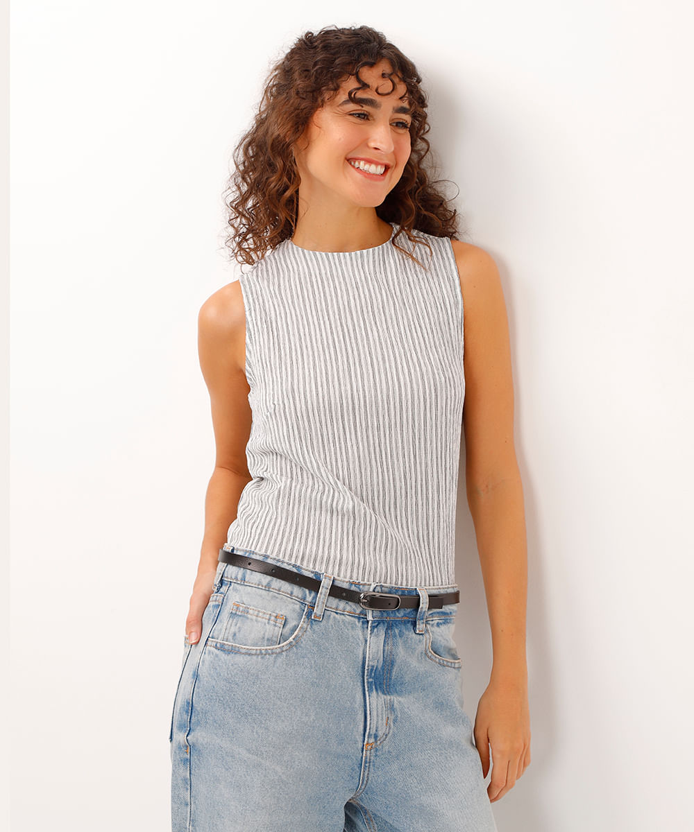 regata alças médias texturizada e listrada off white