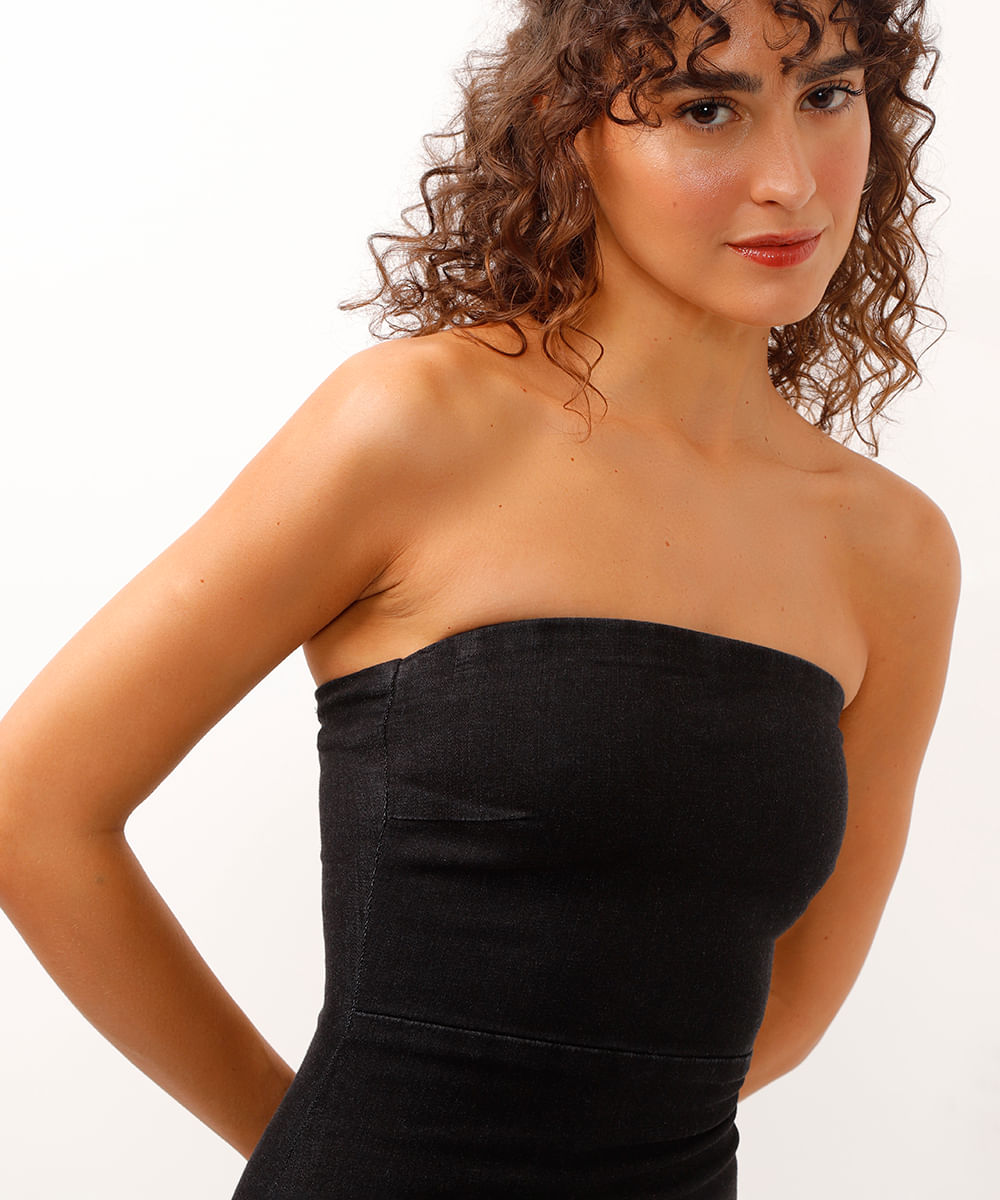 vestido jeans curto sem alça preto
