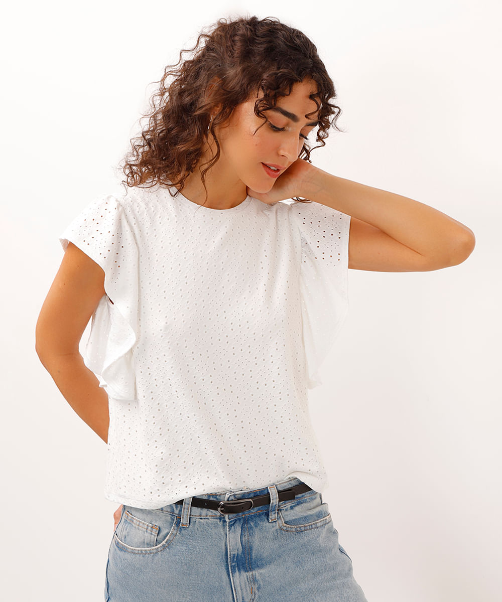 blusa de laise manga curta com bababos off white