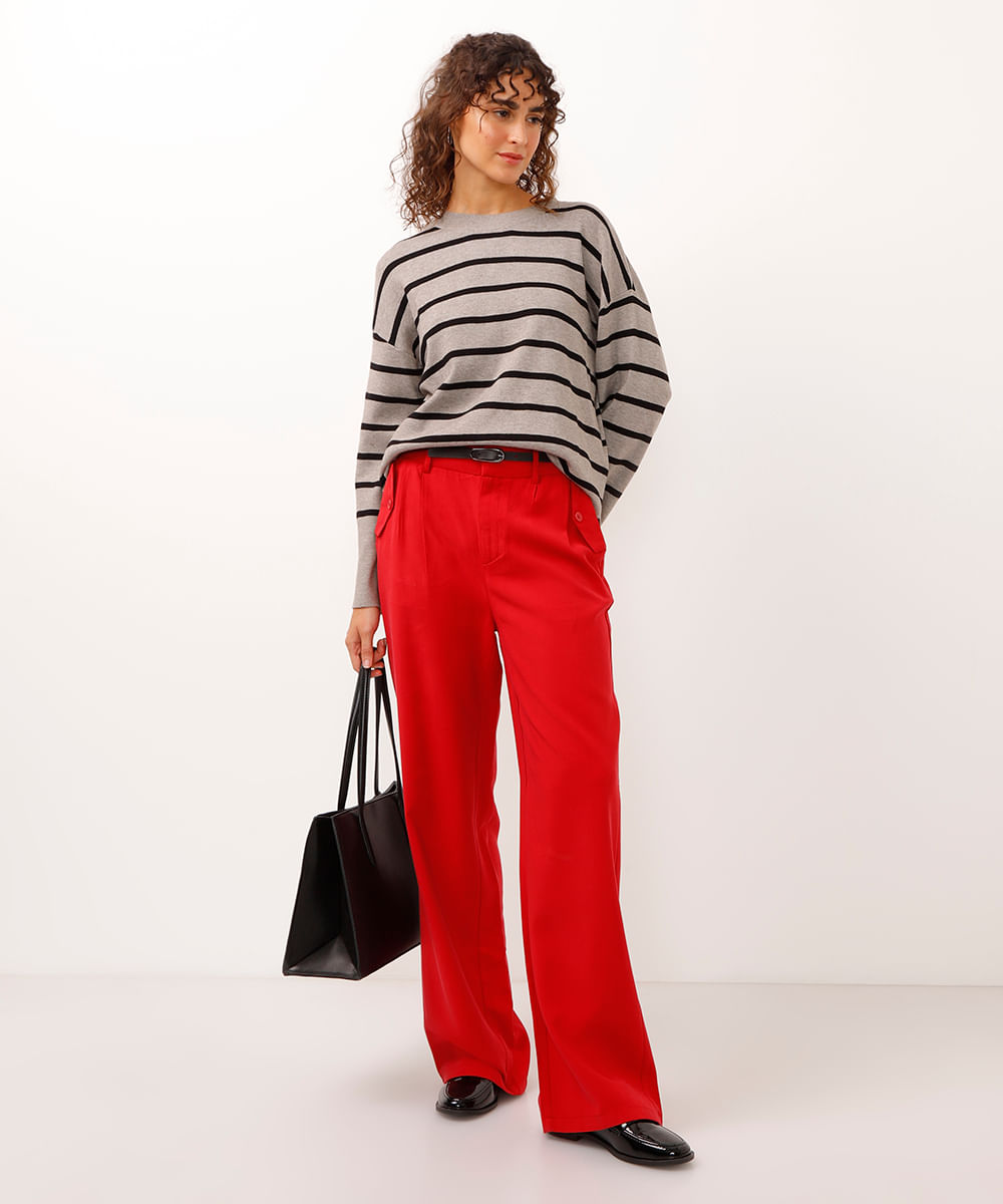 calça de alfaiataria wide leg com bolsos lapela vermelho