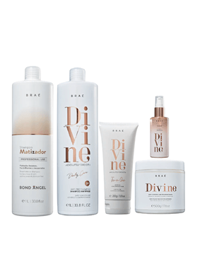 Brae Divine Shampoo 1L Mascara 500g Leavein 200g Plume 60ml e Bond Angel Matizador Shampoo 1L