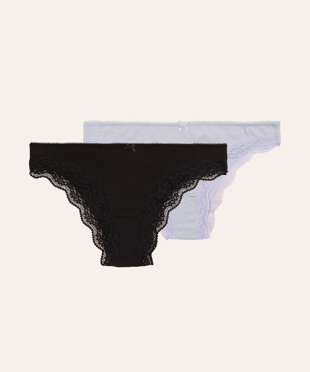 kit de 2 calcinhas biquíni em algodão com renda colorido