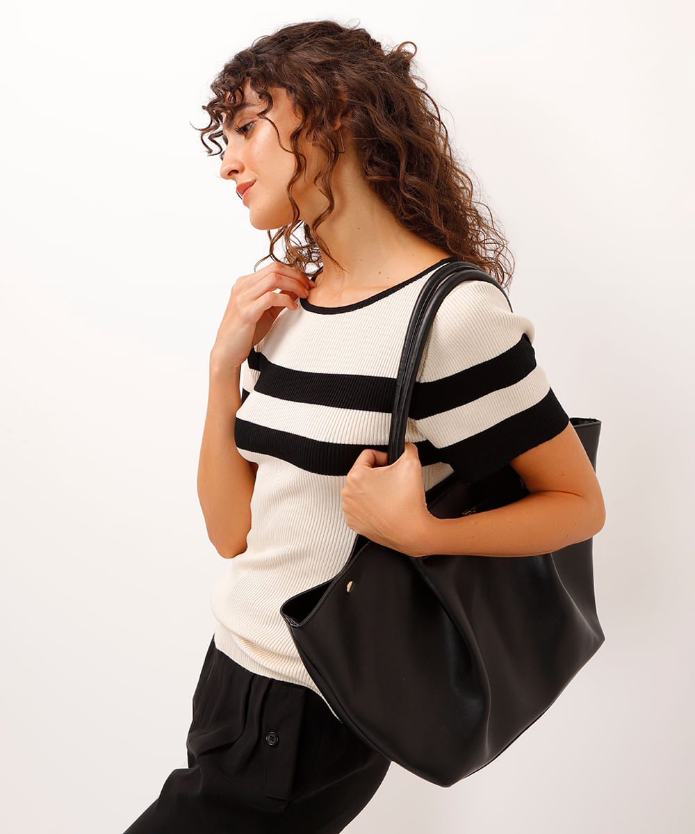 blusa de tricot canelada e listrada bege