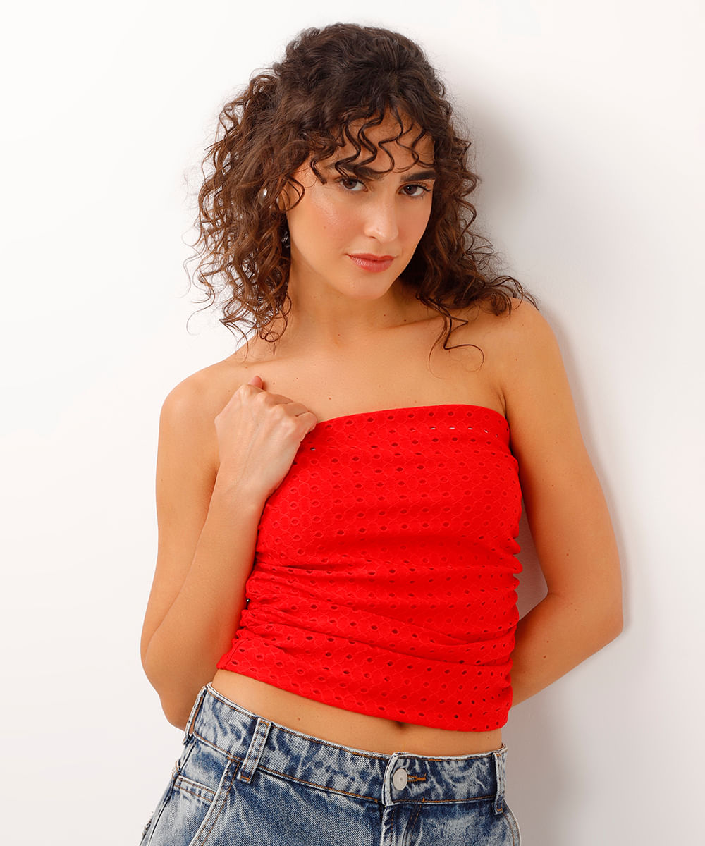 blusa cropped de laise com franzido vermelha