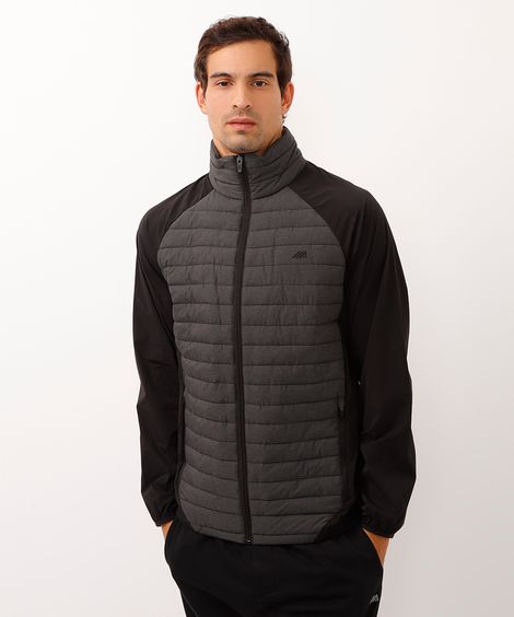 jaqueta puffer sem capuz esportiva preta