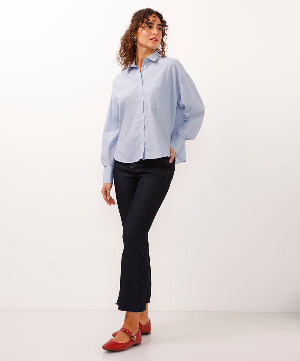 calça flare jeans cropped cintura alta azul