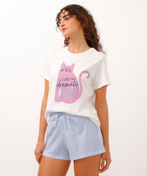 pijama short doll de algodão gatinho e listrado off white