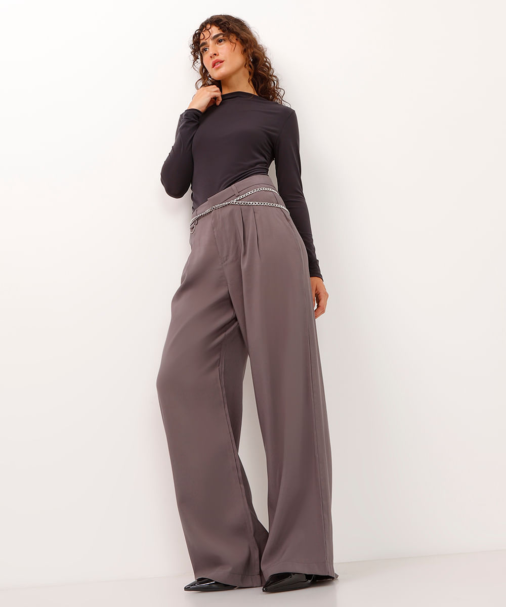 calça alfaiataria com prega e bolso cinza