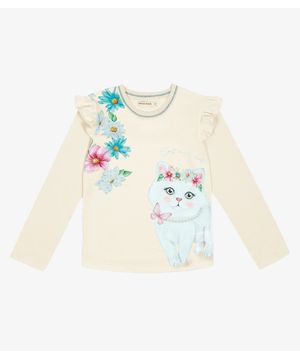 Blusa Manga Longa Infantil Gatinho Trick Nick Bege