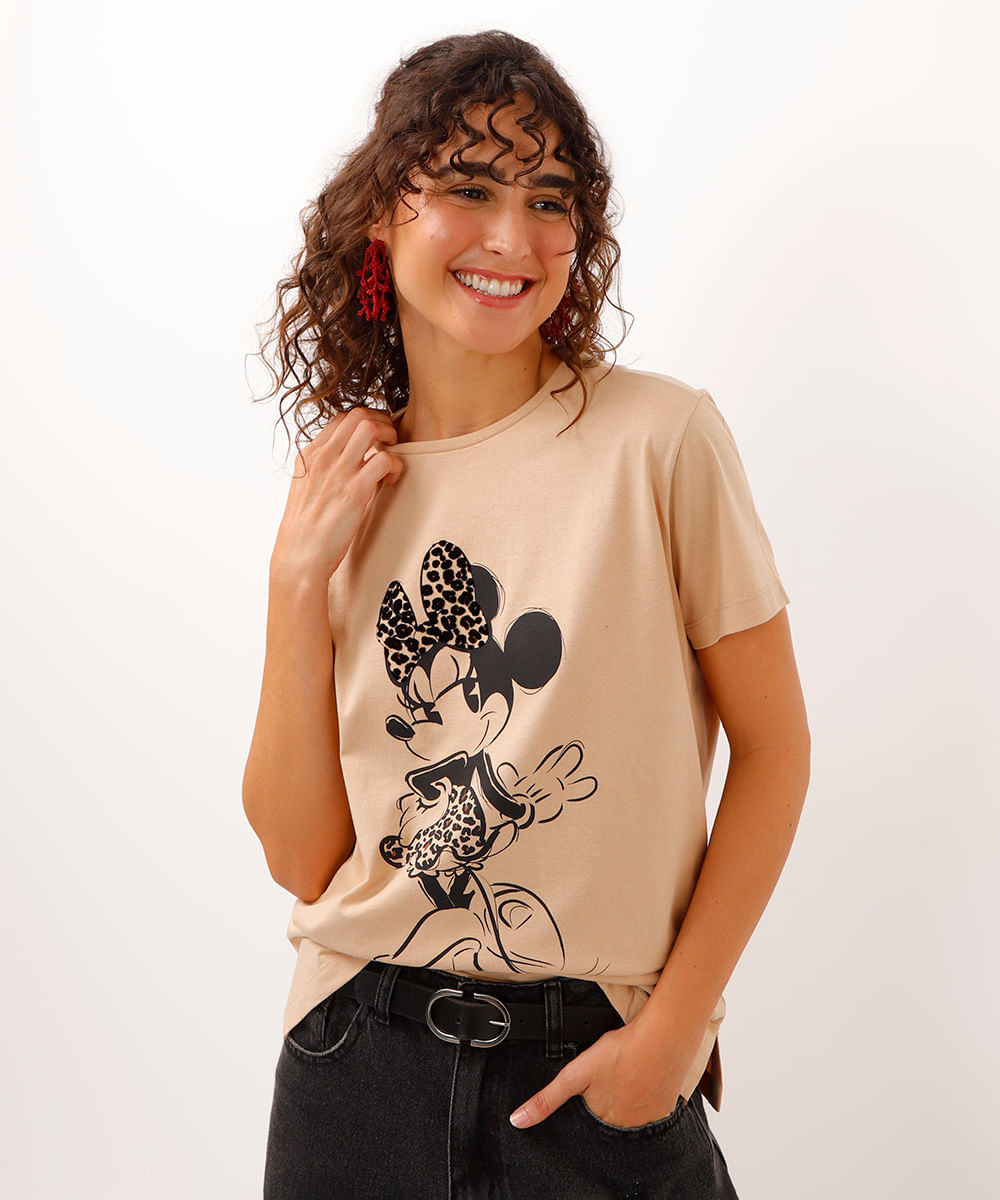 camiseta de algodão minnie animal print bege