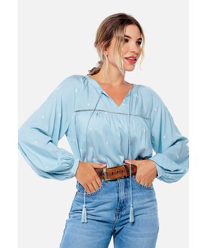 Blusa Boho Azul em Viscose Bordada Flores Sob