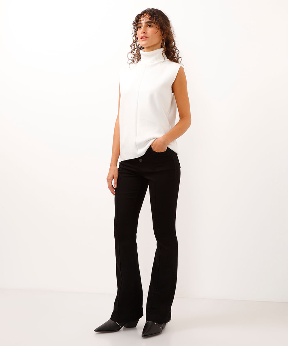 calça flare de sarja cintura alta com botões sawary preta
