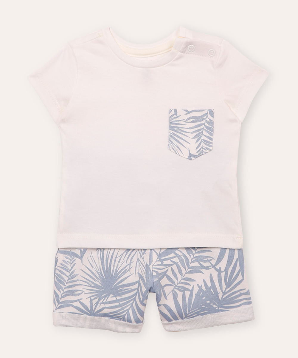 conjunto de algodão infantil manga curta folhagens branco