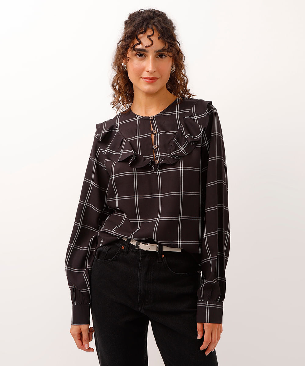 camisa de viscose com babados xadrez preta