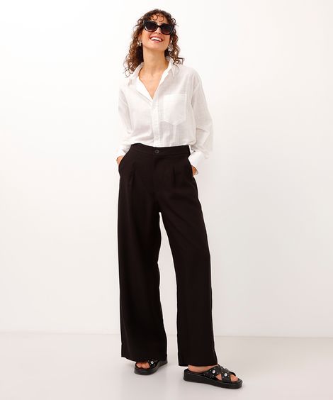 calça wide leg de viscose cós elástico preta