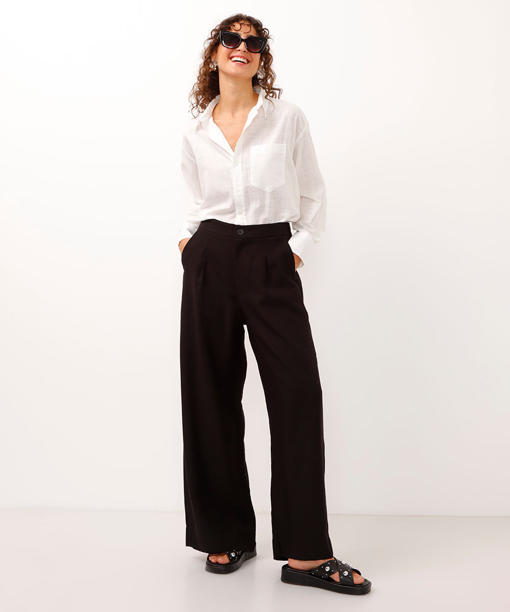 calça wide leg de viscose cós elástico preta