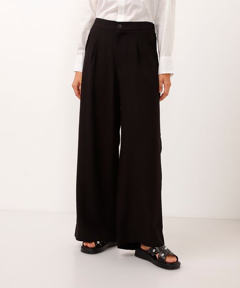 calça wide leg de viscose cós elástico preta
