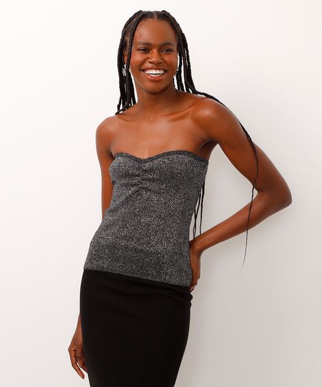 blusa cropped decote coração sem alça com brilho preta