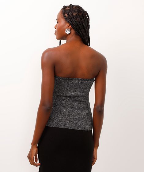 blusa cropped decote coração sem alça com brilho preta