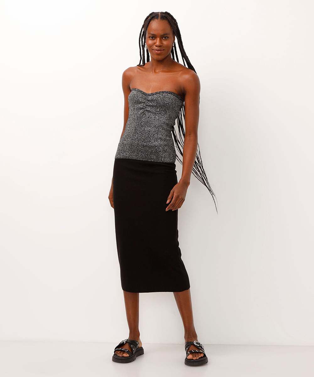 blusa cropped decote coração sem alça com brilho preta