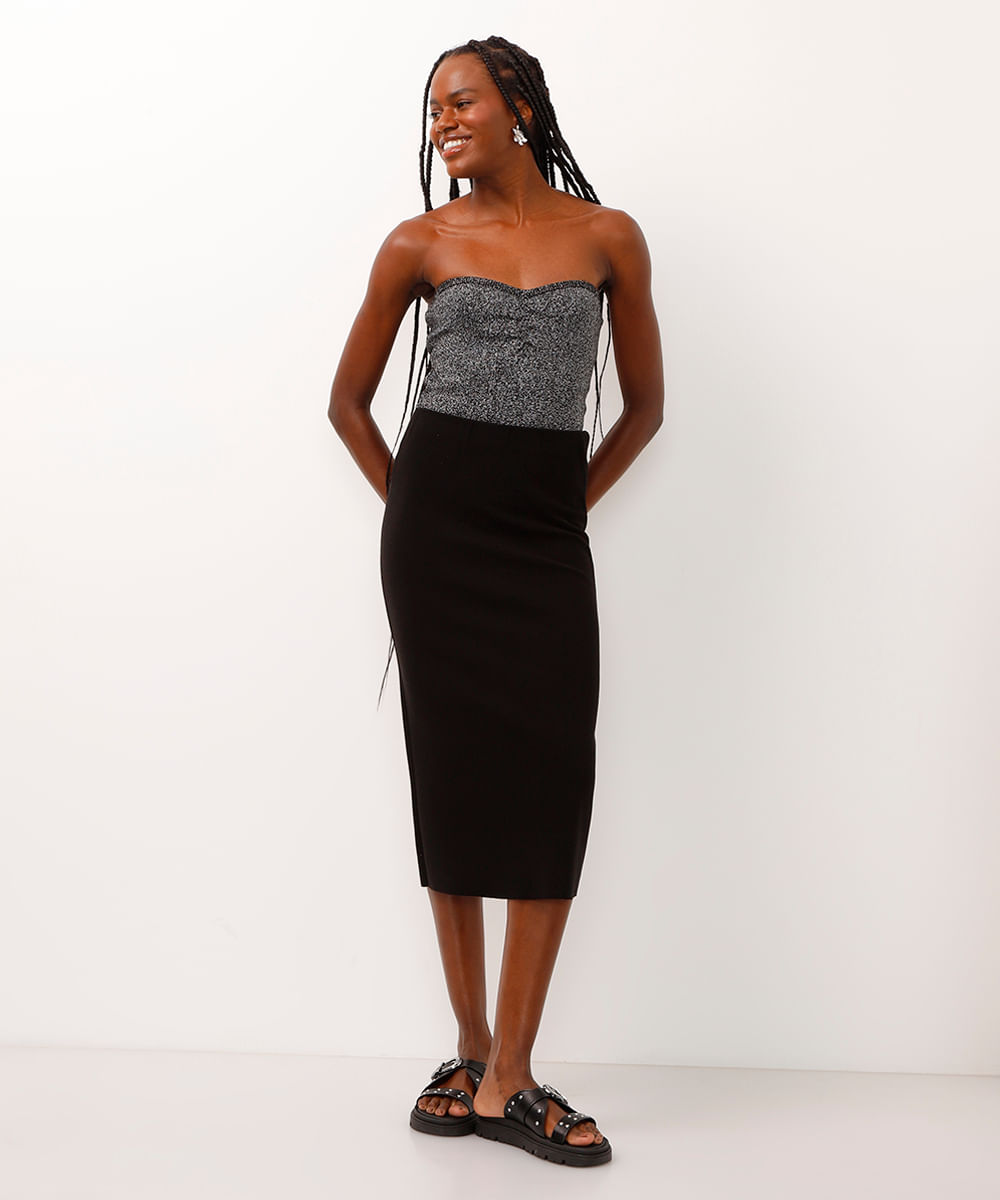 blusa cropped decote coração sem alça com brilho preta