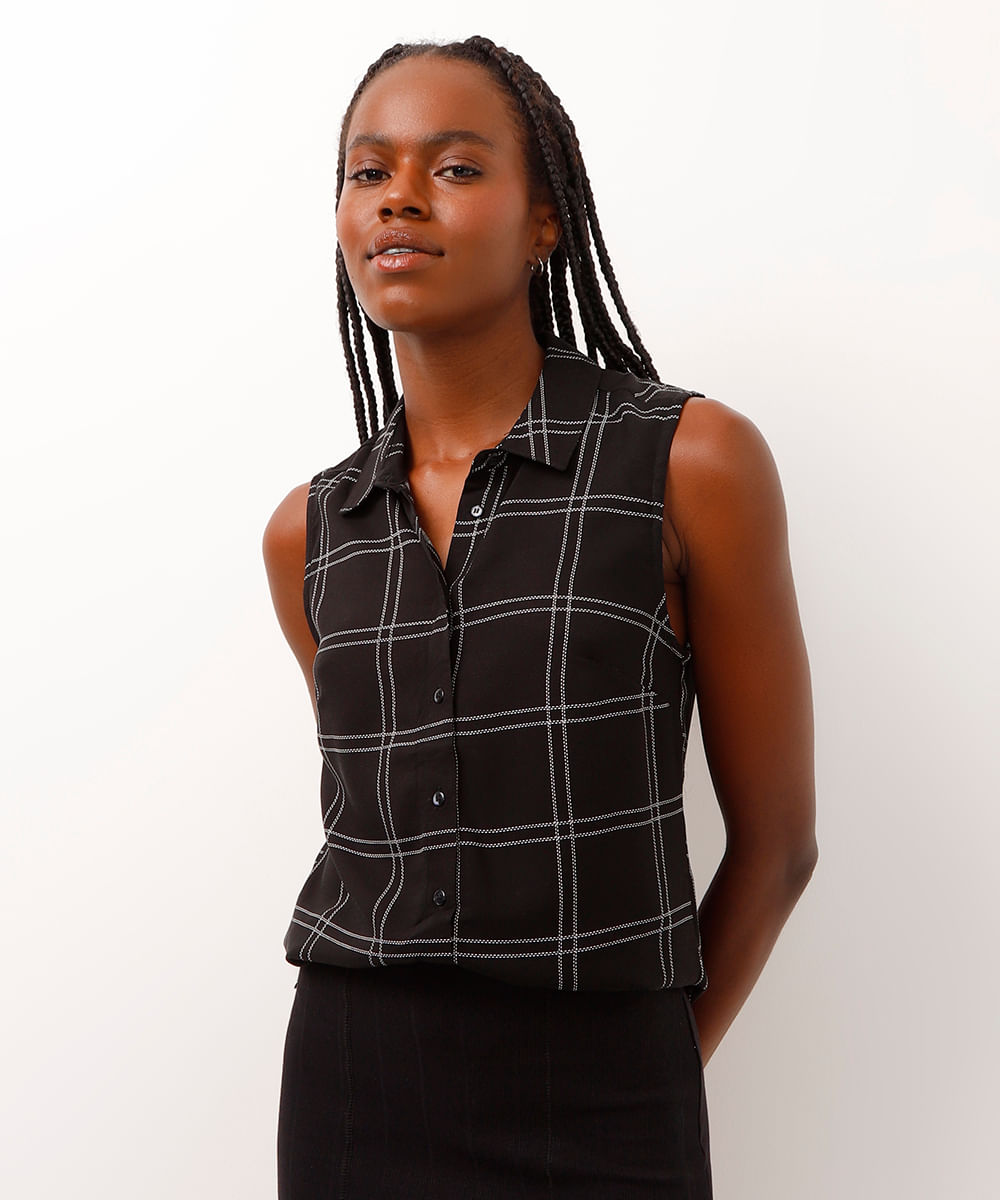 camisa de viscose sem manga xadrez preta
