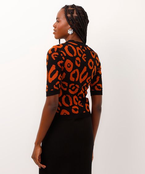 blusa de tricot decote redondo animal print preta