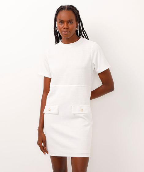 vestido curto texturizado manga curta off white