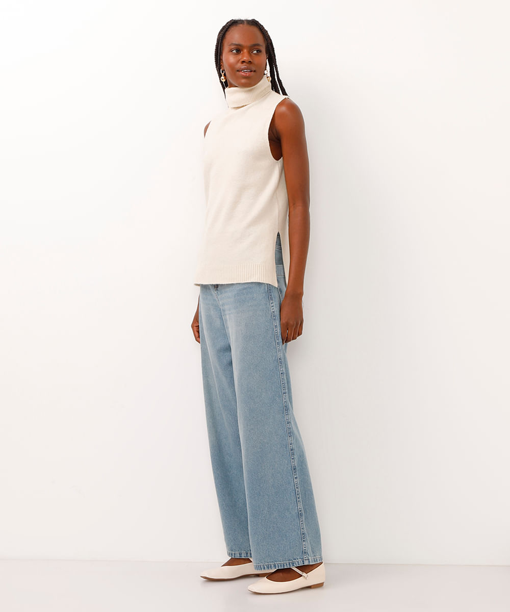 blusa de tricot gola alta sem manga off white